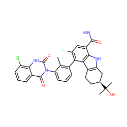 Cc1c(-c2c(F)cc(C(N)=O)c3[nH]c4c(c23)CC[C@H](C(C)(C)O)C4)cccc1-n1c(=O)[nH]c2c(Cl)cccc2c1=O ZINC001772629353