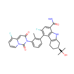 Cc1c(-c2c(F)cc(C(N)=O)c3[nH]c4c(c23)CC[C@H](C(C)(C)O)C4)cccc1-n1c(=O)cc2c(F)cccn2c1=O ZINC001772628198