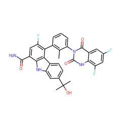 Cc1c(-c2c(F)cc(C(N)=O)c3[nH]c4cc(C(C)(C)O)ccc4c23)cccc1-n1c(=O)[nH]c2c(F)cc(F)cc2c1=O ZINC000222963263