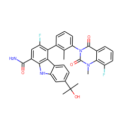 Cc1c(-c2c(F)cc(C(N)=O)c3[nH]c4cc(C(C)(C)O)ccc4c23)cccc1-n1c(=O)c2cccc(F)c2n(C)c1=O ZINC000223029588