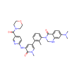 Cc1c(-c2cc(Nc3ccc(C(=O)N4CCOCC4)cn3)c(=O)n(C)c2)cccc1N1CNc2cc(N(C)C)ccc2C1=O ZINC000114435000