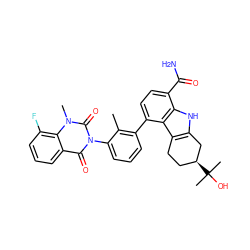 Cc1c(-c2ccc(C(N)=O)c3[nH]c4c(c23)CC[C@H](C(C)(C)O)C4)cccc1-n1c(=O)c2cccc(F)c2n(C)c1=O ZINC001772612990