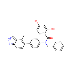 Cc1c(-c2ccc(N(Cc3ccccc3)C(=O)c3ccc(O)cc3O)cc2)ccc2n[nH]cc12 ZINC000653686913