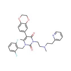 Cc1c(-c2ccc3c(c2)OCCO3)c(=O)n(CCN(C)CCc2ccccn2)c(=O)n1Cc1c(F)cccc1F ZINC000028257182