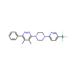 Cc1c(-c2ccccc2)nnc(N2CCN(c3ccc(C(F)(F)F)cn3)CC2)c1C ZINC000201144304