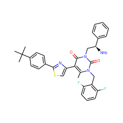 Cc1c(-c2csc(-c3ccc(C(C)(C)C)cc3)n2)c(=O)n(C[C@H](N)c2ccccc2)c(=O)n1Cc1c(F)cccc1F ZINC000028363647