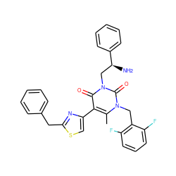 Cc1c(-c2csc(Cc3ccccc3)n2)c(=O)n(C[C@H](N)c2ccccc2)c(=O)n1Cc1c(F)cccc1F ZINC000028390157