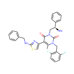 Cc1c(-c2csc(NCc3ccccc3)n2)c(=O)n(C[C@H](N)c2ccccc2)c(=O)n1Cc1c(F)cccc1F ZINC000028390648