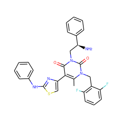 Cc1c(-c2csc(Nc3ccccc3)n2)c(=O)n(C[C@H](N)c2ccccc2)c(=O)n1Cc1c(F)cccc1F ZINC000028374165