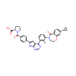 Cc1c(-c2ncnc3[nH]c(-c4ccc(C(=O)N5CCC[C@@H]5C(=O)O)cc4)cc23)cccc1N1CCOc2cc(C3CC3)ccc2C1=O ZINC000148727150