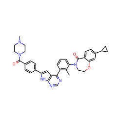 Cc1c(-c2ncnc3[nH]c(-c4ccc(C(=O)N5CCN(C)CC5)cc4)cc23)cccc1N1CCOc2cc(C3CC3)ccc2C1=O ZINC000148747031