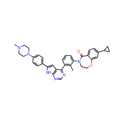 Cc1c(-c2ncnc3[nH]c(-c4ccc(N5CCN(C)CC5)cc4)cc23)cccc1N1CCOc2cc(C3CC3)ccc2C1=O ZINC000224780967