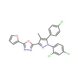 Cc1c(-c2nnc(-c3ccco3)o2)nn(-c2ccc(Cl)cc2Cl)c1-c1ccc(Cl)cc1 ZINC000040421252