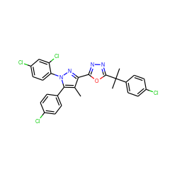 Cc1c(-c2nnc(C(C)(C)c3ccc(Cl)cc3)o2)nn(-c2ccc(Cl)cc2Cl)c1-c1ccc(Cl)cc1 ZINC000042888334