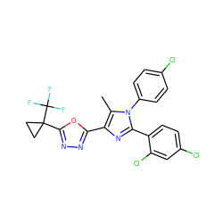 Cc1c(-c2nnc(C3(C(F)(F)F)CC3)o2)nc(-c2ccc(Cl)cc2Cl)n1-c1ccc(Cl)cc1 ZINC000040862108