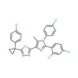 Cc1c(-c2nnc(C3(c4ccc(Cl)cc4)CC3)o2)nc(-c2ccc(Cl)cc2Cl)n1-c1ccc(Cl)cc1 ZINC000042851816