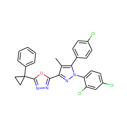 Cc1c(-c2nnc(C3(c4ccccc4)CC3)o2)nn(-c2ccc(Cl)cc2Cl)c1-c1ccc(Cl)cc1 ZINC000049872379