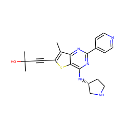 Cc1c(C#CC(C)(C)O)sc2c(N[C@@H]3CCNC3)nc(-c3ccncc3)nc12 ZINC000148903099