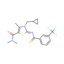 Cc1c(C(=O)N(C)C)s/c(=N\C(=O)c2cccc(C(F)(F)F)c2)n1CC1CC1 ZINC000028954353