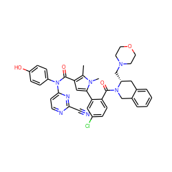 Cc1c(C(=O)N(c2ccc(O)cc2)c2ccnc(C#N)n2)cc(-c2cc(Cl)ccc2C(=O)N2Cc3ccccc3C[C@H]2CN2CCOCC2)n1C ZINC000261121499