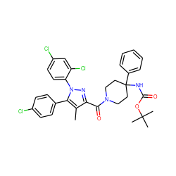 Cc1c(C(=O)N2CCC(NC(=O)OC(C)(C)C)(c3ccccc3)CC2)nn(-c2ccc(Cl)cc2Cl)c1-c1ccc(Cl)cc1 ZINC000084758707