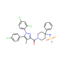 Cc1c(C(=O)N2CCC(NS(C)(=O)=O)(c3ccccc3)CC2)nn(-c2ccc(Cl)cc2Cl)c1-c1ccc(Cl)cc1 ZINC000084670522