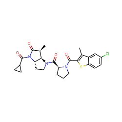 Cc1c(C(=O)N2CCC[C@H]2C(=O)N2CC[C@H]3[C@H]2[C@H](C)C(=O)N3C(=O)C2CC2)sc2ccc(Cl)cc12 ZINC000013527833