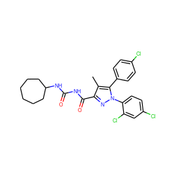 Cc1c(C(=O)NC(=O)NC2CCCCCC2)nn(-c2ccc(Cl)cc2Cl)c1-c1ccc(Cl)cc1 ZINC000040900469