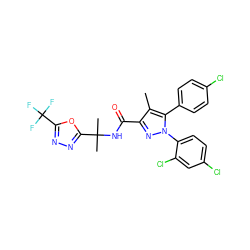 Cc1c(C(=O)NC(C)(C)c2nnc(C(F)(F)F)o2)nn(-c2ccc(Cl)cc2Cl)c1-c1ccc(Cl)cc1 ZINC000072112246