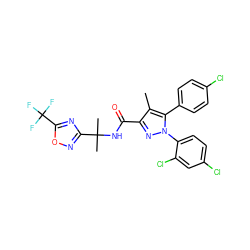 Cc1c(C(=O)NC(C)(C)c2noc(C(F)(F)F)n2)nn(-c2ccc(Cl)cc2Cl)c1-c1ccc(Cl)cc1 ZINC000072113255