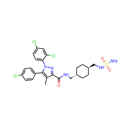 Cc1c(C(=O)NC[C@H]2CC[C@H](CNS(N)(=O)=O)CC2)nn(-c2ccc(Cl)cc2Cl)c1-c1ccc(Cl)cc1 ZINC000144994773