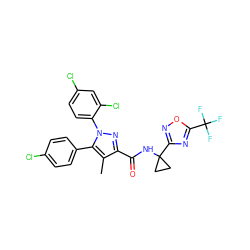 Cc1c(C(=O)NC2(c3noc(C(F)(F)F)n3)CC2)nn(-c2ccc(Cl)cc2Cl)c1-c1ccc(Cl)cc1 ZINC000072112394