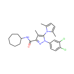 Cc1c(C(=O)NC2CCCCCC2)nn(-c2ccc(Cl)c(Cl)c2)c1-n1c(C)ccc1C ZINC000045302906