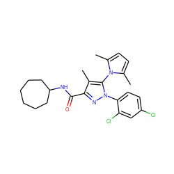 Cc1c(C(=O)NC2CCCCCC2)nn(-c2ccc(Cl)cc2Cl)c1-n1c(C)ccc1C ZINC000045284139