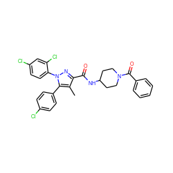 Cc1c(C(=O)NC2CCN(C(=O)c3ccccc3)CC2)nn(-c2ccc(Cl)cc2Cl)c1-c1ccc(Cl)cc1 ZINC000653707415