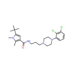 Cc1c(C(=O)NCCCN2CCN(c3cccc(Cl)c3Cl)CC2)cc(C(C)(C)C)n1C ZINC000058575226