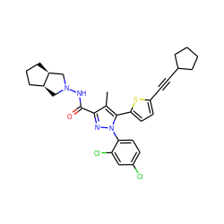 Cc1c(C(=O)NN2C[C@H]3CCC[C@H]3C2)nn(-c2ccc(Cl)cc2Cl)c1-c1ccc(C#CC2CCCC2)s1 ZINC000049881521