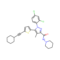 Cc1c(C(=O)NN2CCCCC2)nn(-c2ccc(Cl)cc2Cl)c1-c1ccc(C#CC2CCCCC2)s1 ZINC000049881584