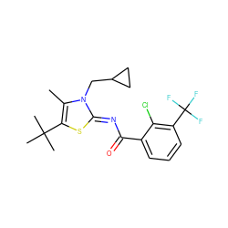 Cc1c(C(C)(C)C)s/c(=N\C(=O)c2cccc(C(F)(F)F)c2Cl)n1CC1CC1 ZINC000028954356