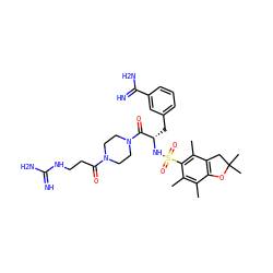 Cc1c(C)c(S(=O)(=O)N[C@@H](Cc2cccc(C(=N)N)c2)C(=O)N2CCN(C(=O)CCNC(=N)N)CC2)c(C)c2c1OC(C)(C)C2 ZINC000036107725