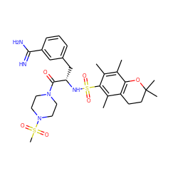 Cc1c(C)c(S(=O)(=O)N[C@@H](Cc2cccc(C(=N)N)c2)C(=O)N2CCN(S(C)(=O)=O)CC2)c(C)c2c1OC(C)(C)CC2 ZINC000003834175