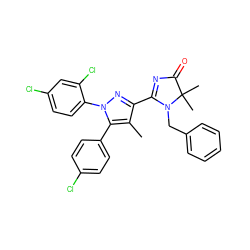 Cc1c(C2=NC(=O)C(C)(C)N2Cc2ccccc2)nn(-c2ccc(Cl)cc2Cl)c1-c1ccc(Cl)cc1 ZINC000042921945