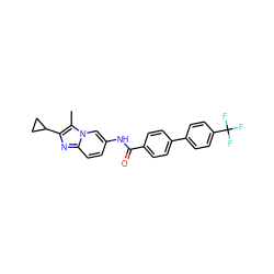Cc1c(C2CC2)nc2ccc(NC(=O)c3ccc(-c4ccc(C(F)(F)F)cc4)cc3)cn12 ZINC000043062956