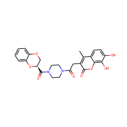 Cc1c(CC(=O)N2CCN(C(=O)[C@@H]3COc4ccccc4O3)CC2)c(=O)oc2c(O)c(O)ccc12 ZINC000009435312