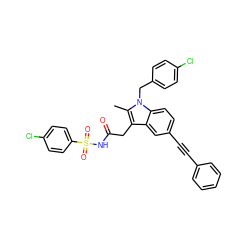 Cc1c(CC(=O)NS(=O)(=O)c2ccc(Cl)cc2)c2cc(C#Cc3ccccc3)ccc2n1Cc1ccc(Cl)cc1 ZINC000095554813