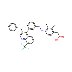 Cc1c(CC(=O)O)ccc(NCc2cccc(-c3c(Cc4ccccc4)cnc4c(C(F)(F)F)cccc34)c2)c1C ZINC000028978870