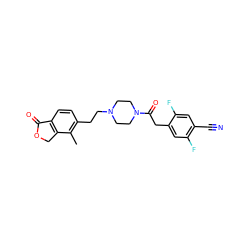 Cc1c(CCN2CCN(C(=O)Cc3cc(F)c(C#N)cc3F)CC2)ccc2c1COC2=O ZINC000168532666