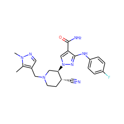 Cc1c(CN2CC[C@@H](C#N)[C@H](n3cc(C(N)=O)c(Nc4ccc(F)cc4)n3)C2)cnn1C ZINC000220733406