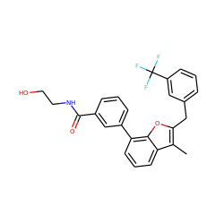 Cc1c(Cc2cccc(C(F)(F)F)c2)oc2c(-c3cccc(C(=O)NCCO)c3)cccc12 ZINC000168332425