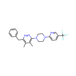 Cc1c(Cc2ccccc2)nnc(N2CCN(c3ccc(C(F)(F)F)cn3)CC2)c1C ZINC000201146830